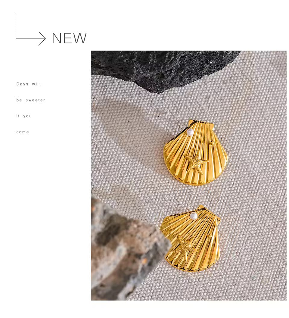 Starfish Shell Charm Stud Earrings