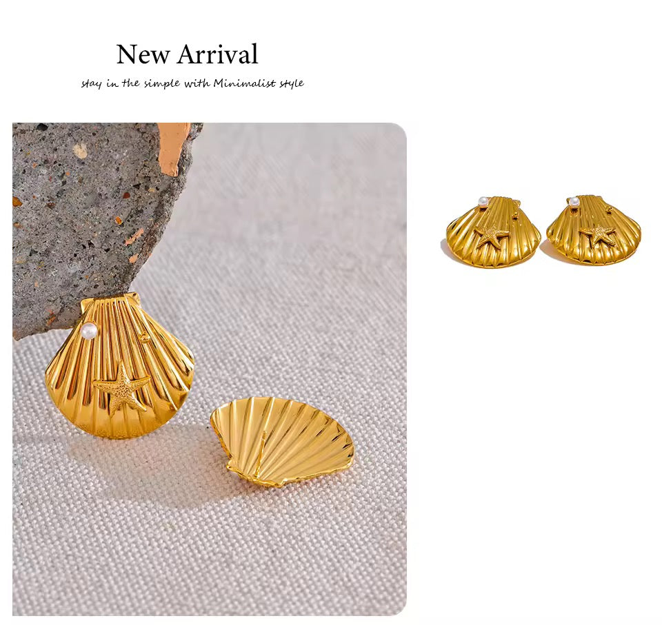Starfish Shell Charm Stud Earrings